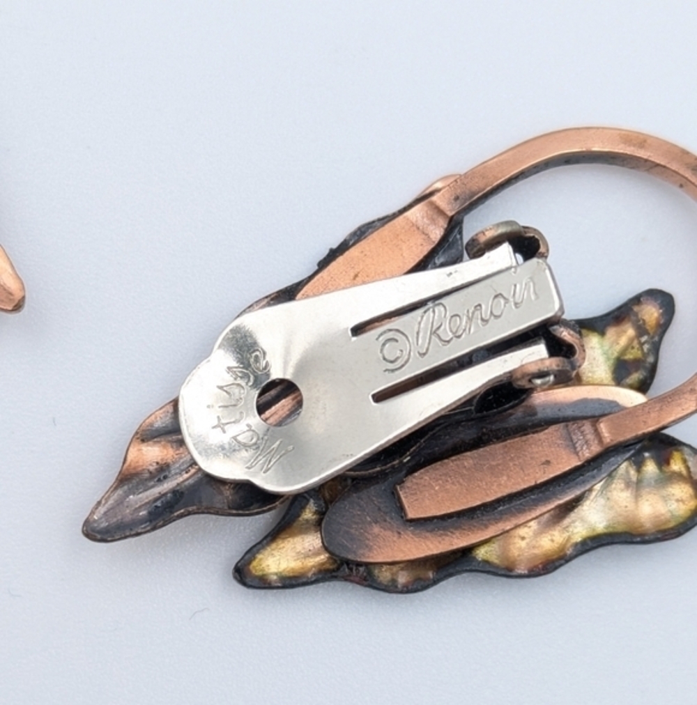 Vintage 1950s Matisse Renoir copper and enamel leaf clip on earrings - Picture 3 of 6